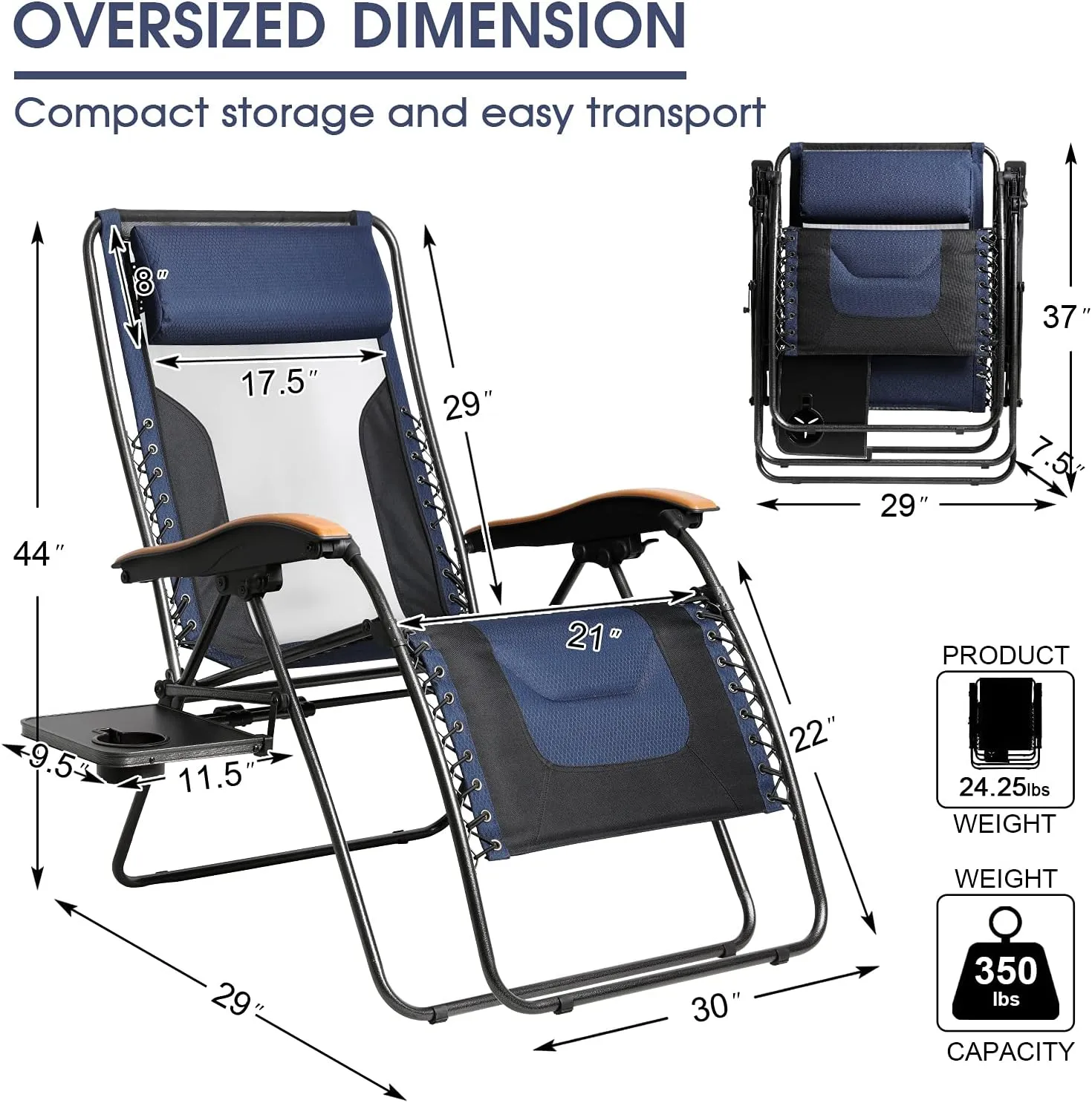 PORTAL Oversized Mesh Back Zero Gravity Reclining Patio Chairs, XL Padded Seat Folding Patio Lounge Chair with Adjustable Pillows and Cup Holder for Poolside Backyard/Lawn, Support 350lbs