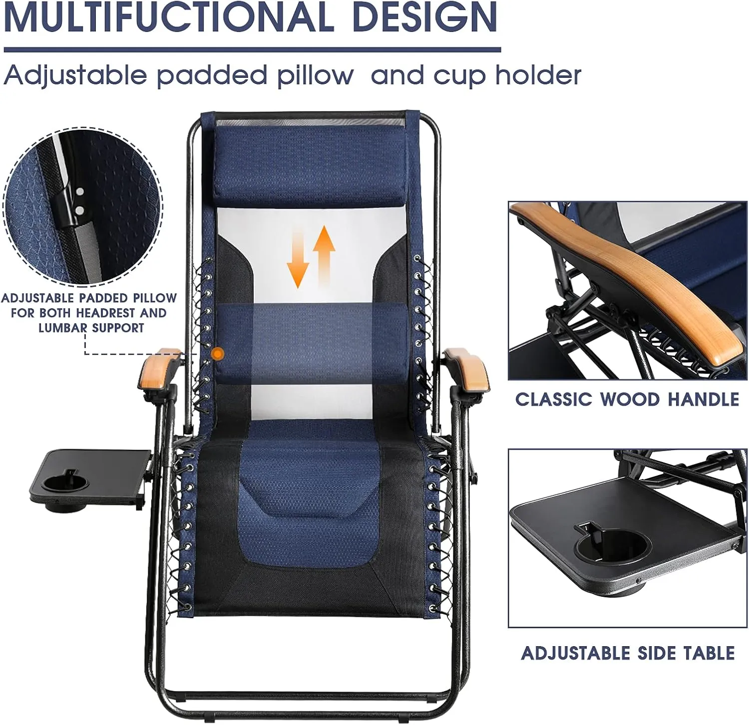 PORTAL Oversized Mesh Back Zero Gravity Reclining Patio Chairs, XL Padded Seat Folding Patio Lounge Chair with Adjustable Pillows and Cup Holder for Poolside Backyard/Lawn, Support 350lbs