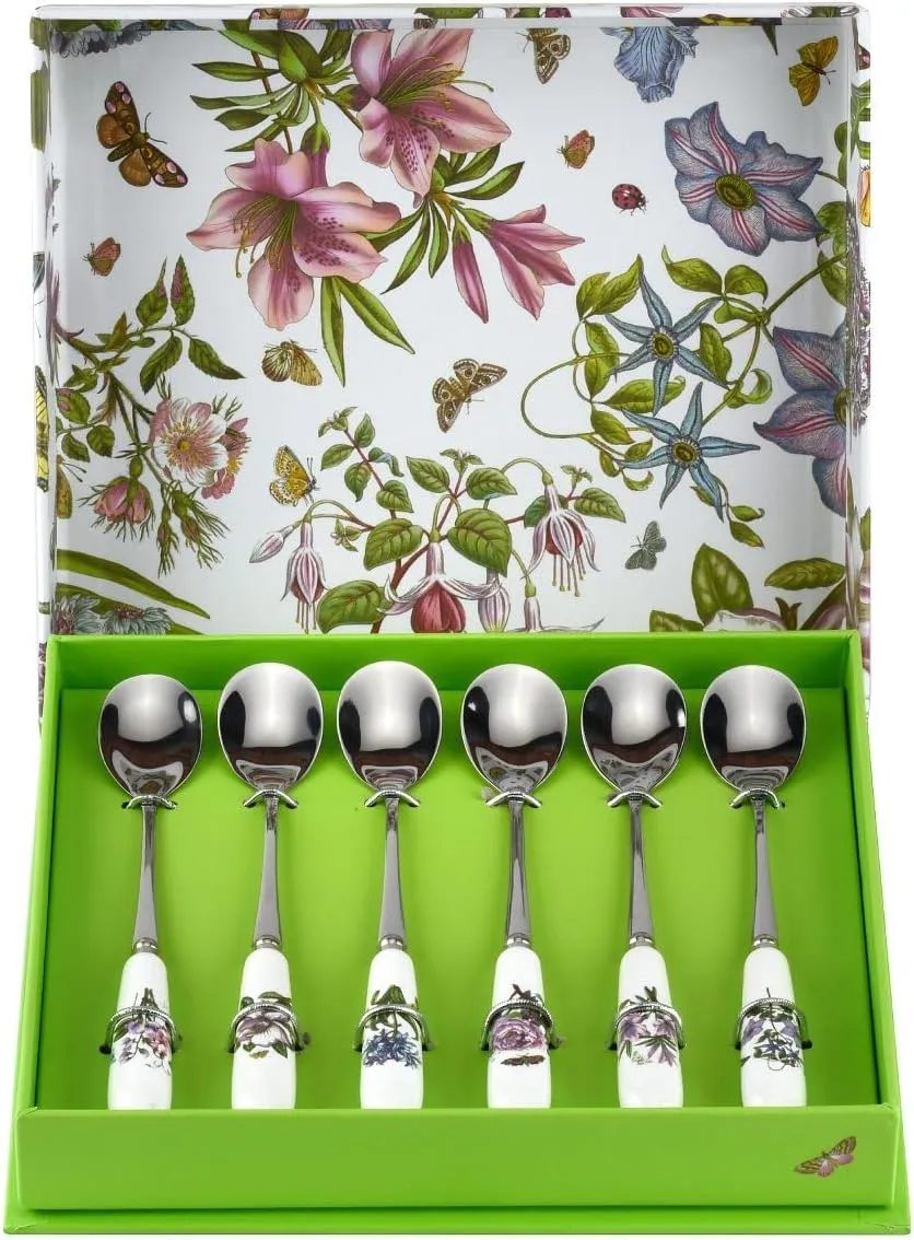 Portmeirion Botanic Garden 6" Teaspoons (Set of 6) - Assorted Floral Motifs, Stainless Steel & Porcelain Handles - Elegant Tableware for Morning Coffee & Afternoon Tea - Everyday Serveware Set