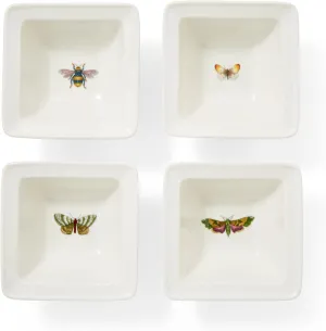 Portmeirion Botanic Garden Harmony 4.25" Dish, Assorted Papilios (Set of 4) - Porcelain Square Bowls for Dip & Snacks, Dishwasher & Microwave Safe - Decorative Farmhouse Tableware