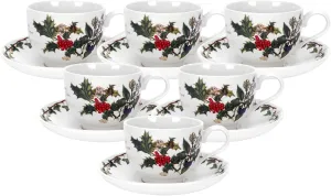 Portmeirion Holly and Ivy 7 oz Holiday Teacup and Saucer Set (Set of 6) - Earthenware Holly Motif, Festive Tableware for Christmas Tea Parties, Elegant Seasonal Gifts - Dishwasher & Microwave Safe