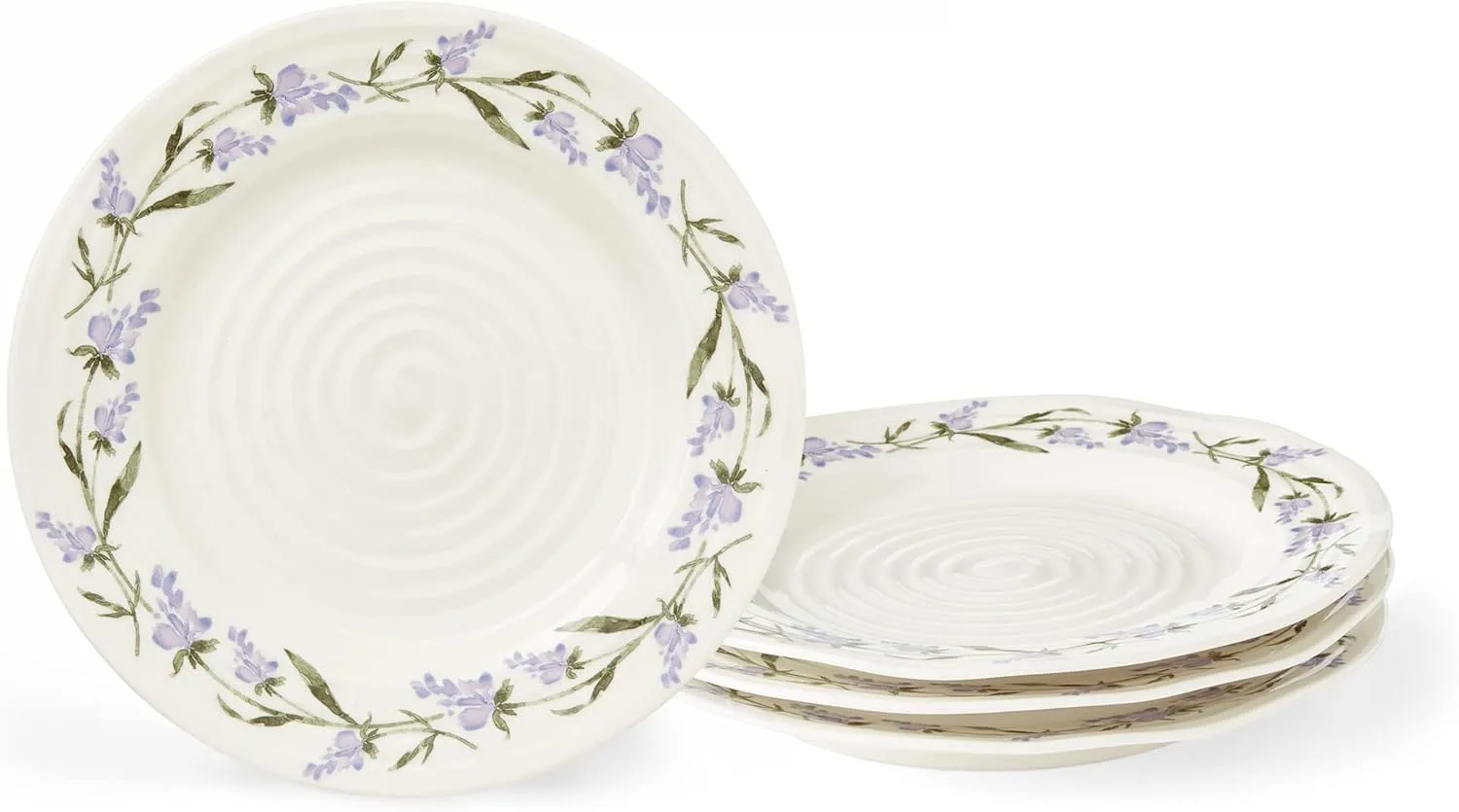 Portmeirion Sophie Conran Lavandula Salad Plates Set of 4, 8-Inch Ceramic Plate, White Porcelain Plates for Kitchen, Lavender Sprig Border Design, Microwave and Dishwasher Safe