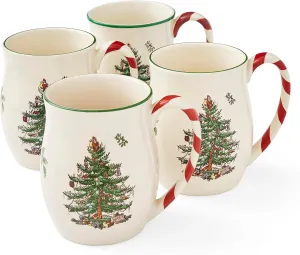 Portmeirion Spode Christmas Tree 14 oz Holiday Mugs, Festive Coffee Mugs with Peppermint Candy Cane Handle, Stoneware Christmas Mugs Ideal for Hot Cocoa - Set of 4