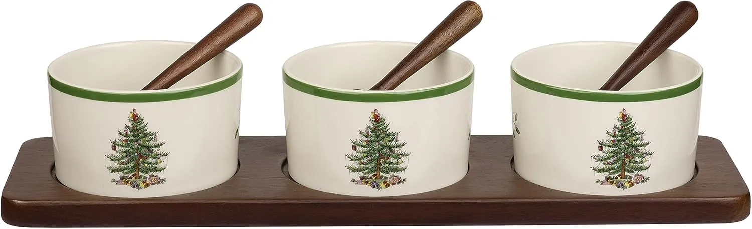 Portmeirion Spode Christmas Tree Holiday Serving Dishes - 7-Piece Set, Beige/Green, Ceramic Serving Bowl - Dip Bowls - Holiday Dinnerware, Dishwasher and Microwave Safe, Festive Tableware