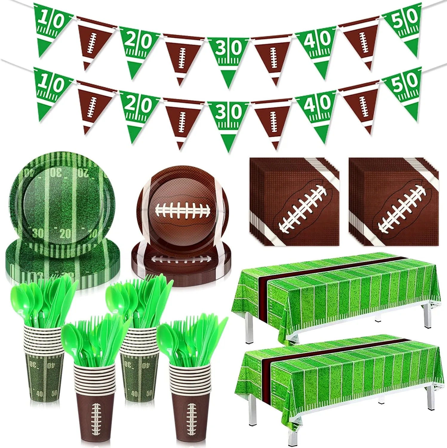 Preboun 214 Pcs Football Party Supplies Dinnerware Set for 30 People, Football Party Decorations Including Plates, Cups, Napkins, Tablecloth, Banner, Knives Forks and Spoons Set for Sports Birthday