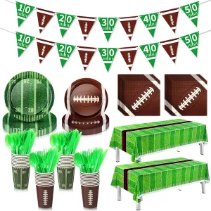 Preboun 214 Pcs Football Party Supplies Dinnerware Set for 30 People, Football Party Decorations Including Plates, Cups, Napkins, Tablecloth, Banner, Knives Forks and Spoons Set for Sports Birthday