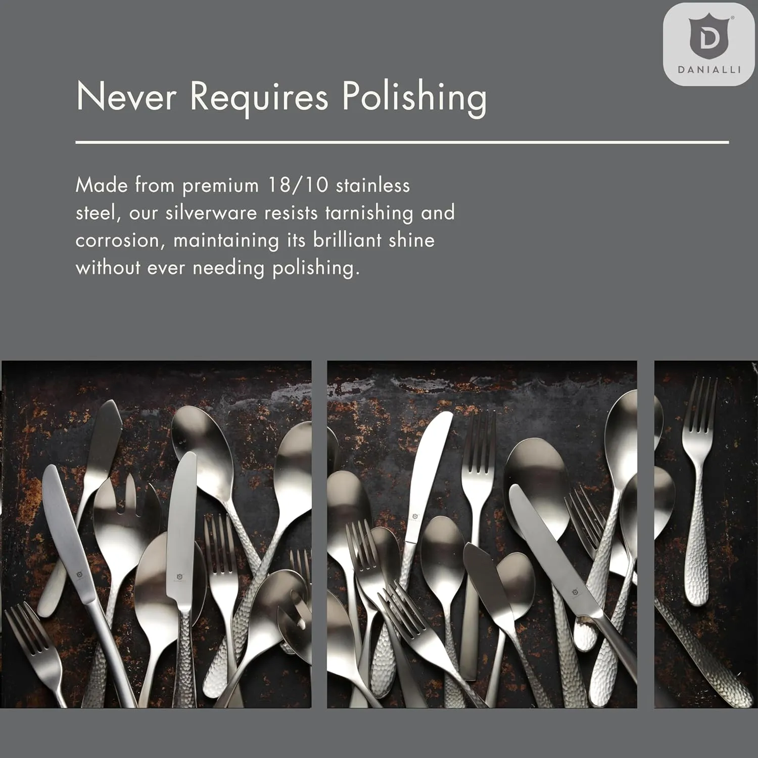 Premium 18/10 Stainless Steel Flatware – Fidenza, Fidenza Hammered, Marettimo, Marettimo Hammered, and Mezzano Engraved collections (60-Piece, Marettimo Hammered)