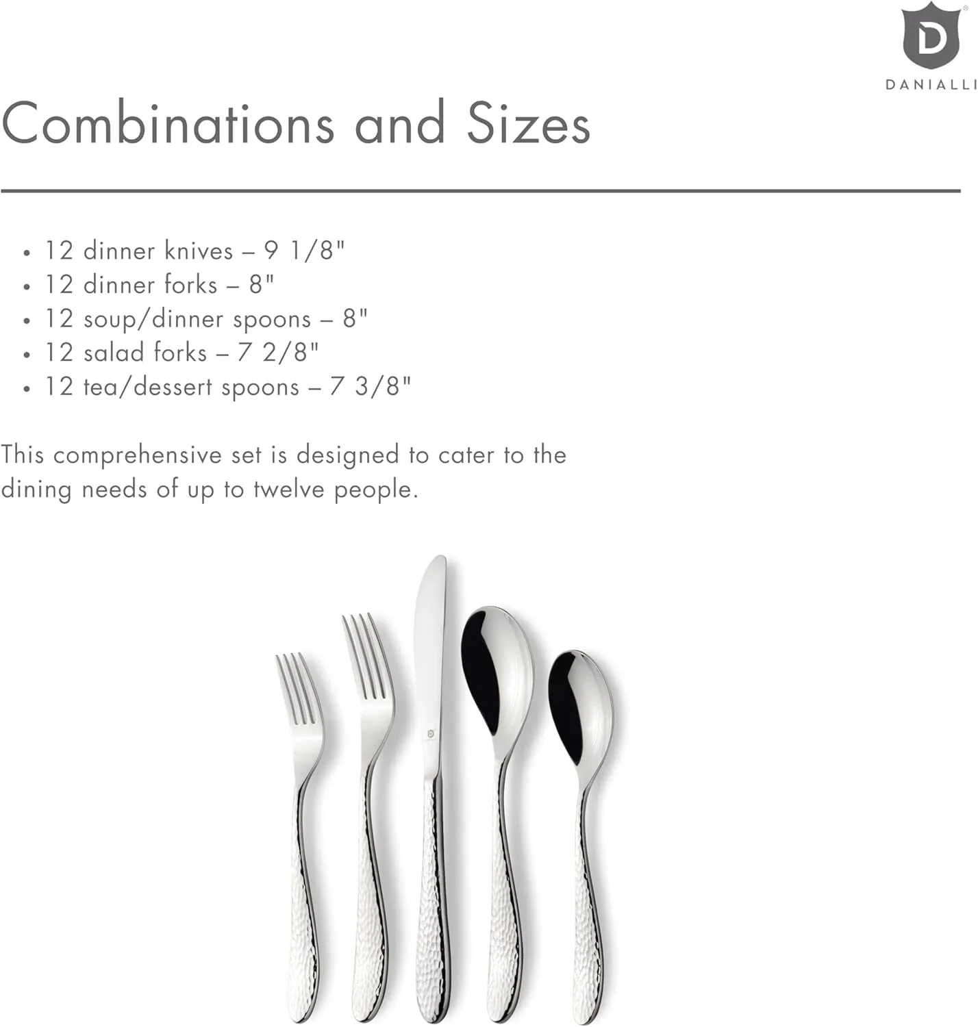 Premium 18/10 Stainless Steel Flatware – Fidenza, Fidenza Hammered, Marettimo, Marettimo Hammered, and Mezzano Engraved collections (60-Piece, Marettimo Hammered)