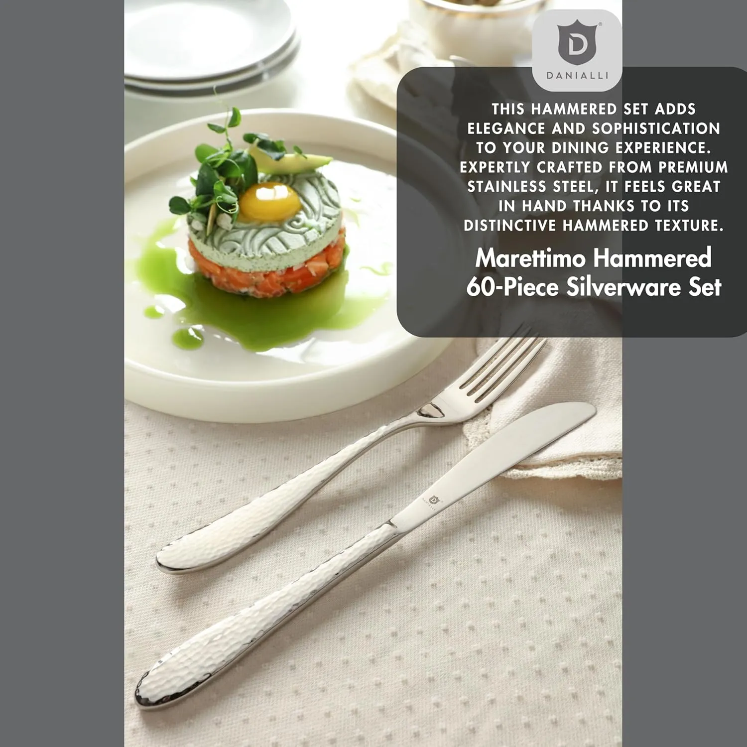 Premium 18/10 Stainless Steel Flatware – Fidenza, Fidenza Hammered, Marettimo, Marettimo Hammered, and Mezzano Engraved collections (60-Piece, Marettimo Hammered)