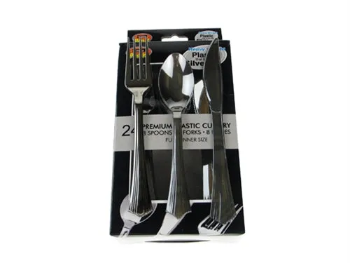 Premium Plastic Cutlery Utensil Set - Silver (24 Pcs)