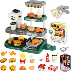 Pretend Play Fast Food Toys with Cash Register,71pcs Kids Kitchen Play Food Set for Ages 3-8(Green)