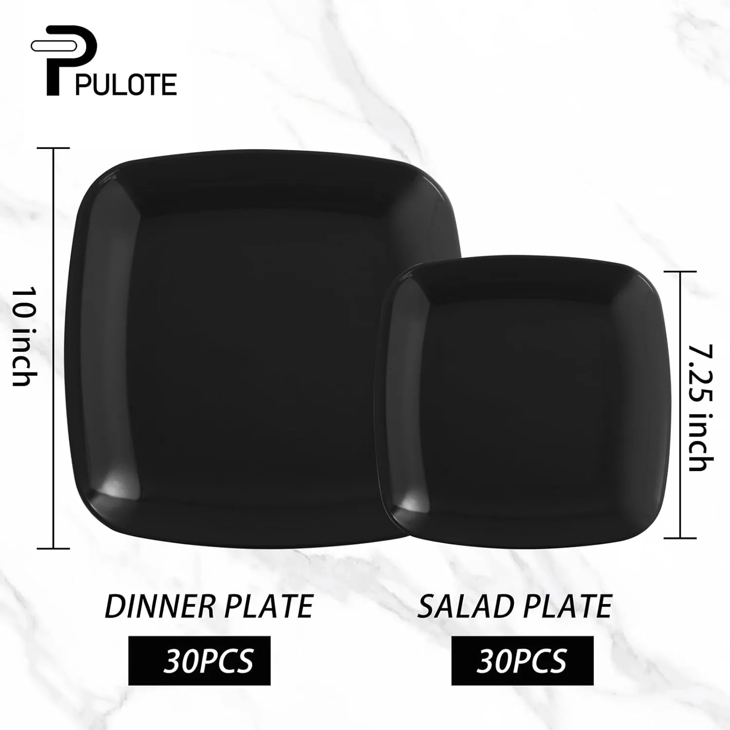 PULOTE 60PCS Black Square Plastic Plates - Black Disposable Plates - Include 30 Black Dinner Plates and 30 Black Dessert Plates,Ideal for Party&New Year