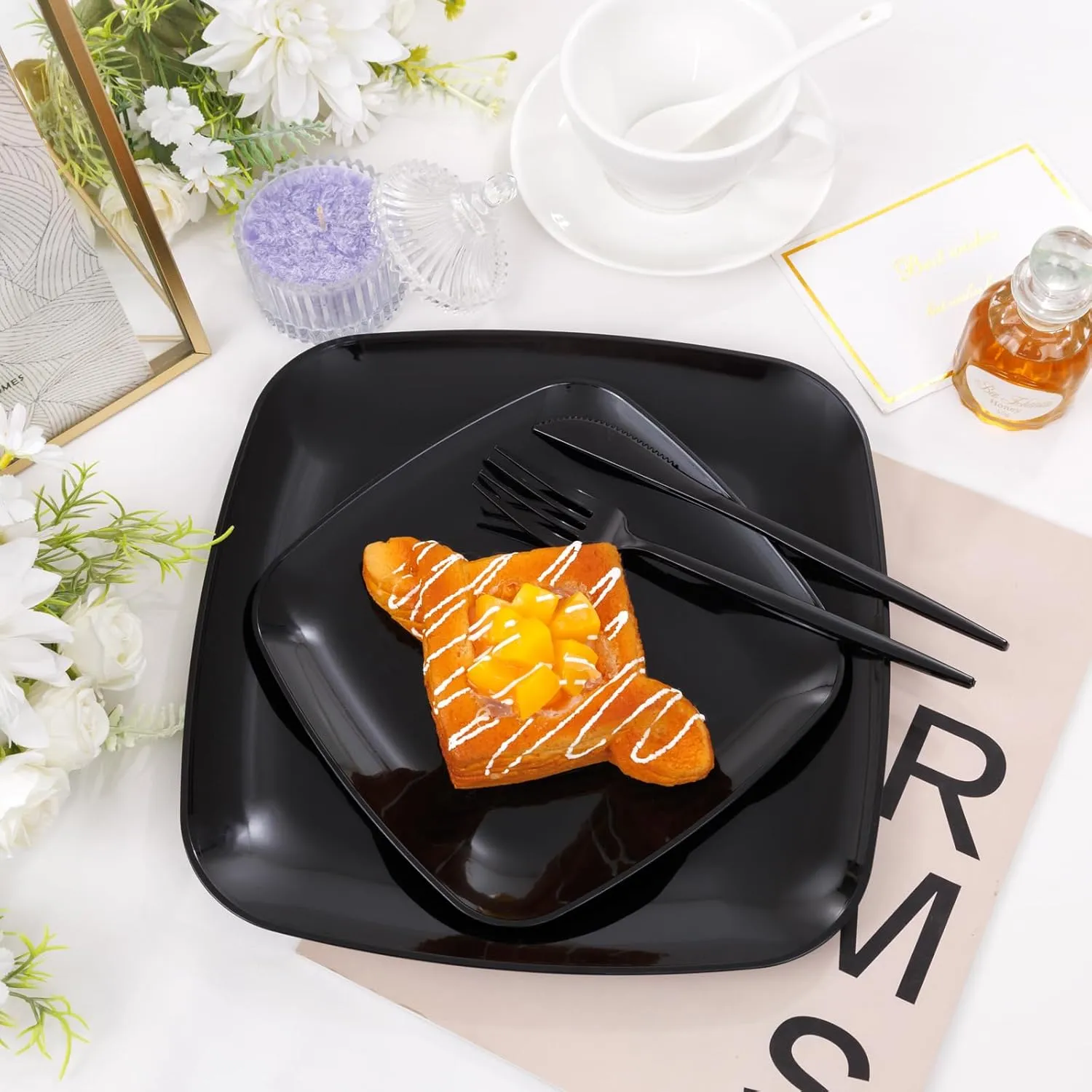 PULOTE 60PCS Black Square Plastic Plates - Black Disposable Plates - Include 30 Black Dinner Plates and 30 Black Dessert Plates,Ideal for Party&New Year