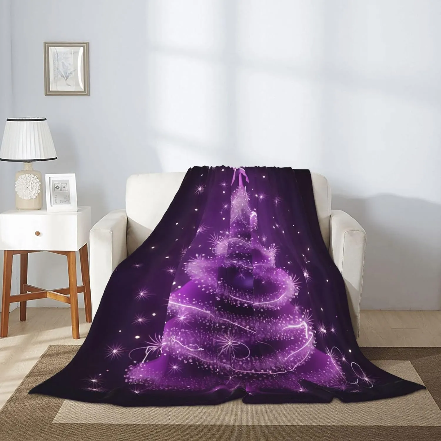 Purple Christmas Tree Throw Blankets，Shine Stars Winter Snow Soft Fleece Blanket 60"X50" Couch Cover for Bed Sofa Chair Camping Travel