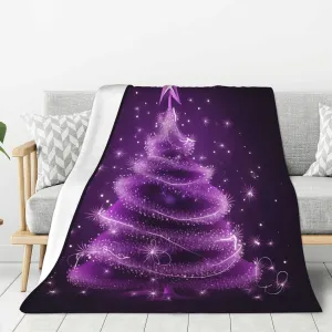 Purple Christmas Tree Throw Blankets，Shine Stars Winter Snow Soft Fleece Blanket 60"X50" Couch Cover for Bed Sofa Chair Camping Travel