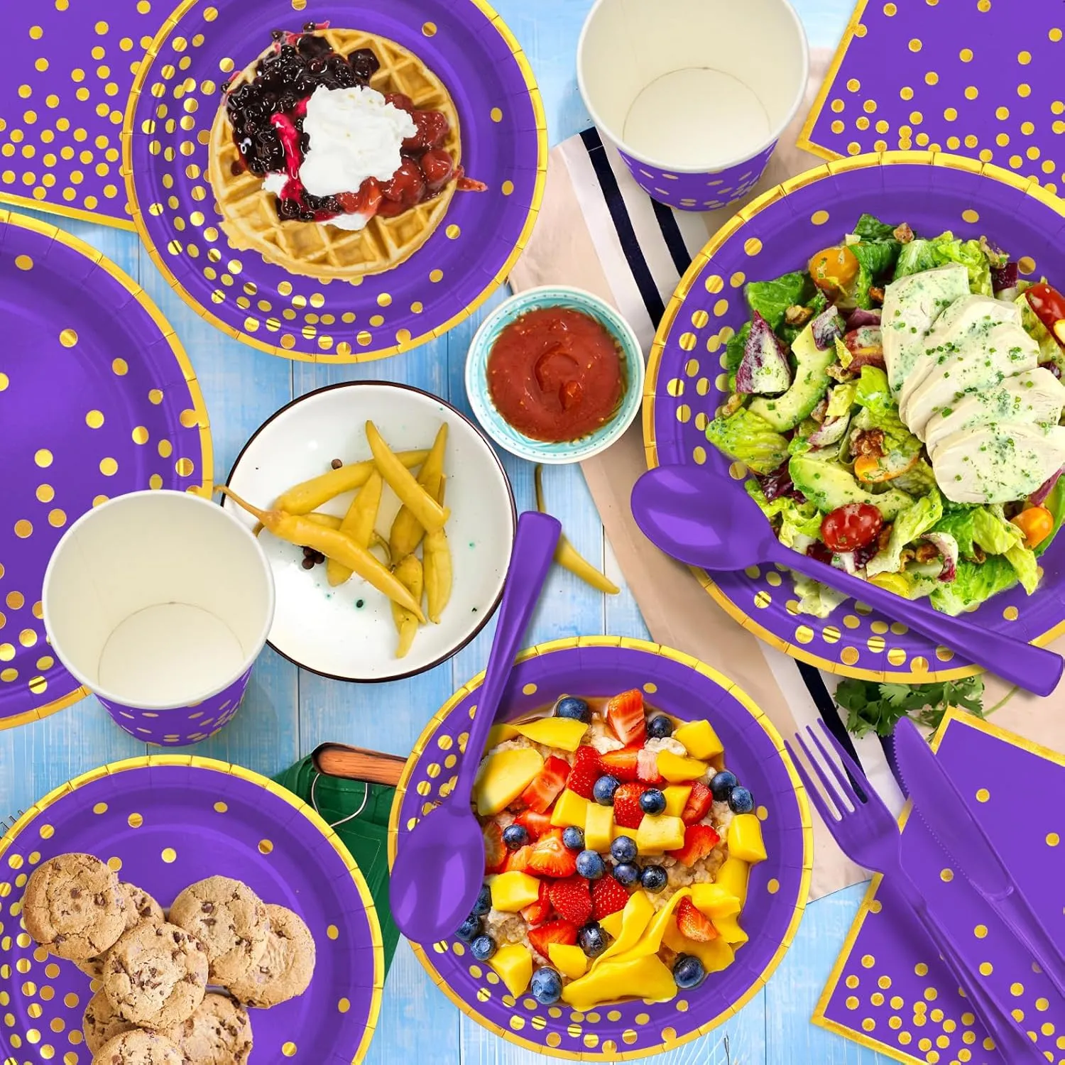 Purple Paper Plates and Napkins Set, 350 PcsDisposable Party Dinnerware Includes Purple Paper Plates, Napkins, Forks, Knives, Spoons for Graduations, Birthdays, Weddings and Holidays, Serves 50