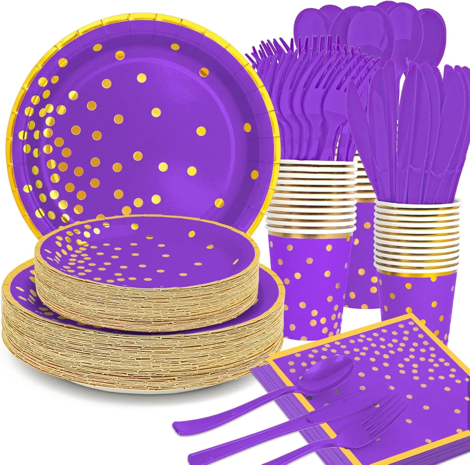 Purple Paper Plates and Napkins Set, 350 PcsDisposable Party Dinnerware Includes Purple Paper Plates, Napkins, Forks, Knives, Spoons for Graduations, Birthdays, Weddings and Holidays, Serves 50