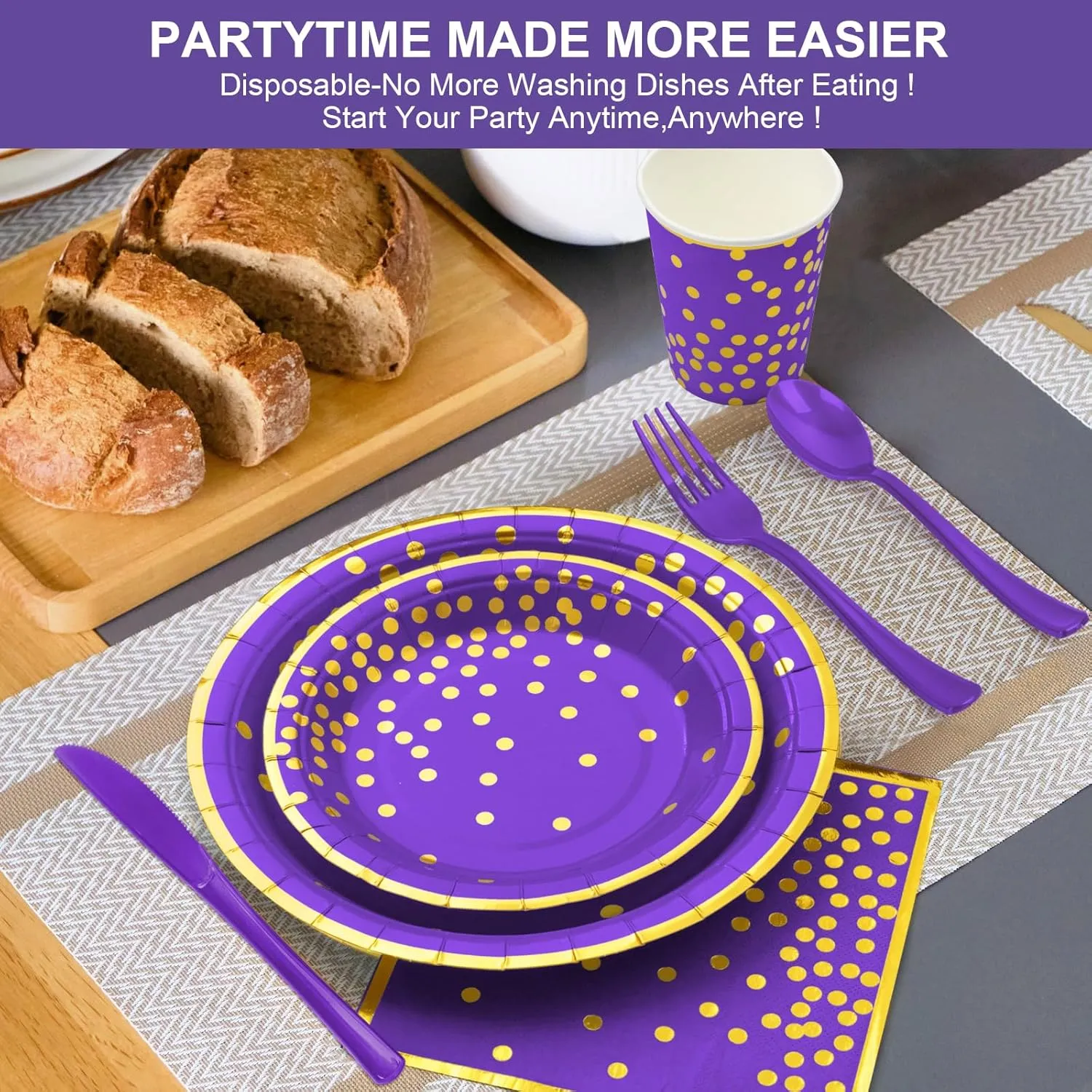Purple Paper Plates and Napkins Set, 350 PcsDisposable Party Dinnerware Includes Purple Paper Plates, Napkins, Forks, Knives, Spoons for Graduations, Birthdays, Weddings and Holidays, Serves 50