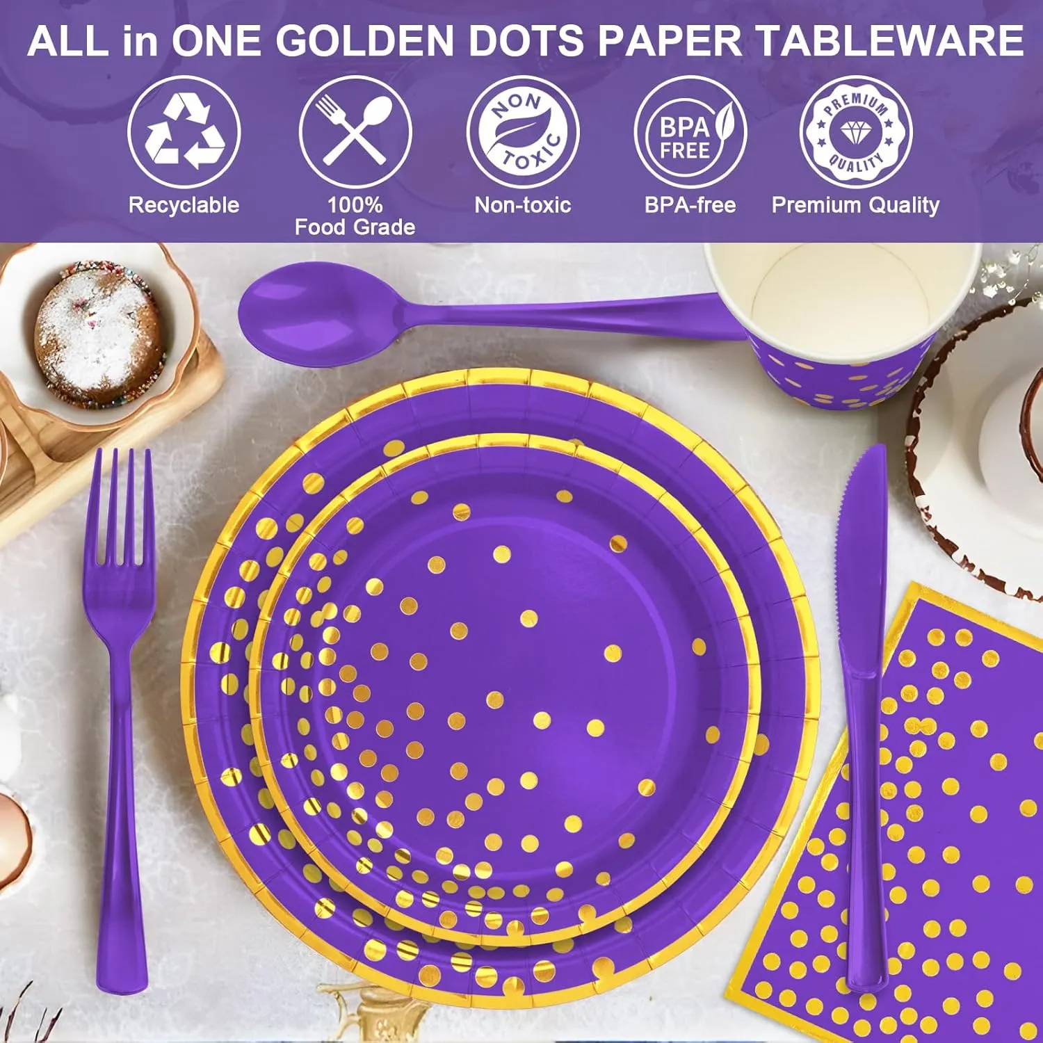 Purple Paper Plates and Napkins Set, 350 PcsDisposable Party Dinnerware Includes Purple Paper Plates, Napkins, Forks, Knives, Spoons for Graduations, Birthdays, Weddings and Holidays, Serves 50