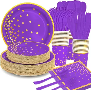 Purple Paper Plates and Napkins Set, 350 PcsDisposable Party Dinnerware Includes Purple Paper Plates, Napkins, Forks, Knives, Spoons for Graduations, Birthdays, Weddings and Holidays, Serves 50
