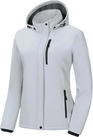 Pursky Women's Softshell Jacket Lightweight Fleece Lined Rain Jacket Waterproof Warm Windbreaker Coat With Removable Hood