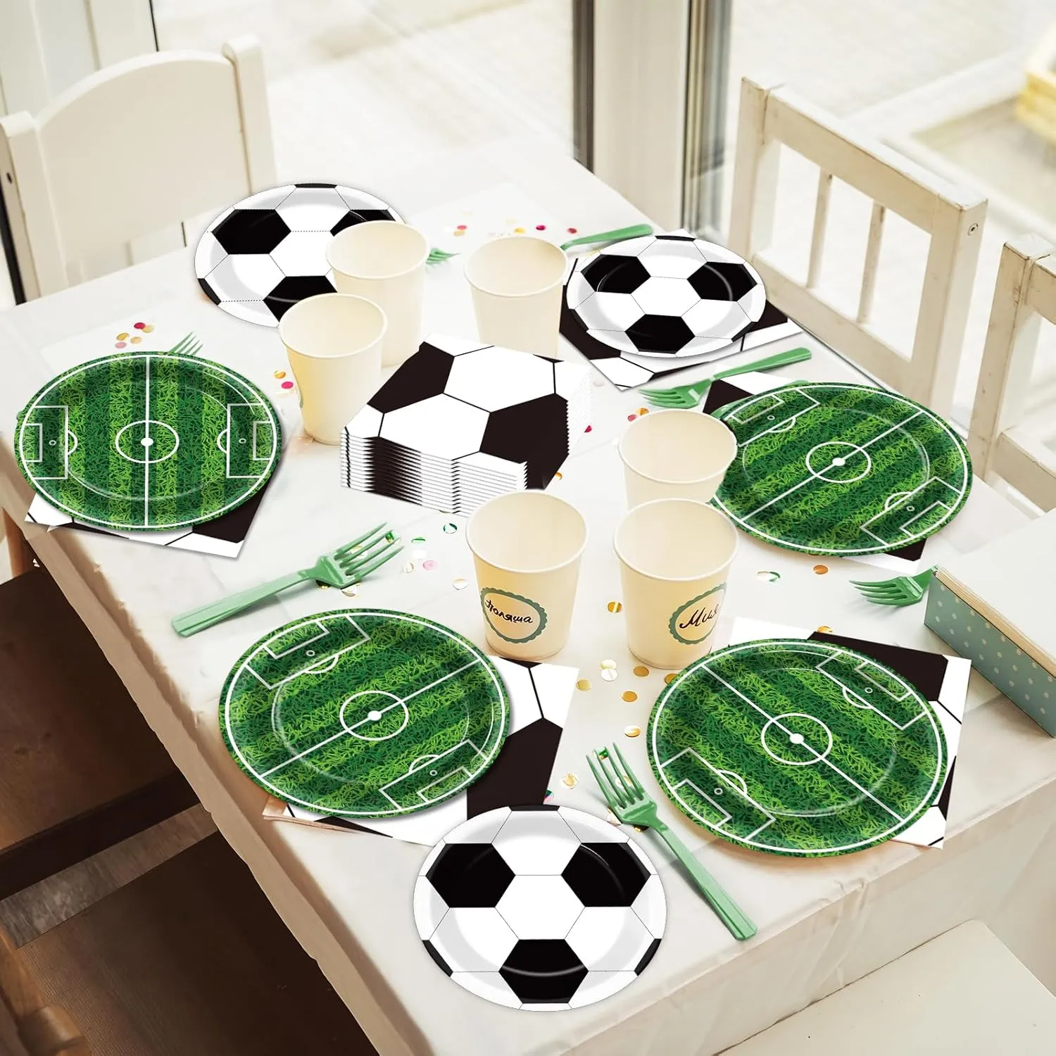 Qyeahkj 100 Pcs Soccer Party Plates and Napkins Set, Sports Birthday Party Supplies, Soccer Ball Disposable Paper Dessert Cake Dinnerware Tableware, Serves 25