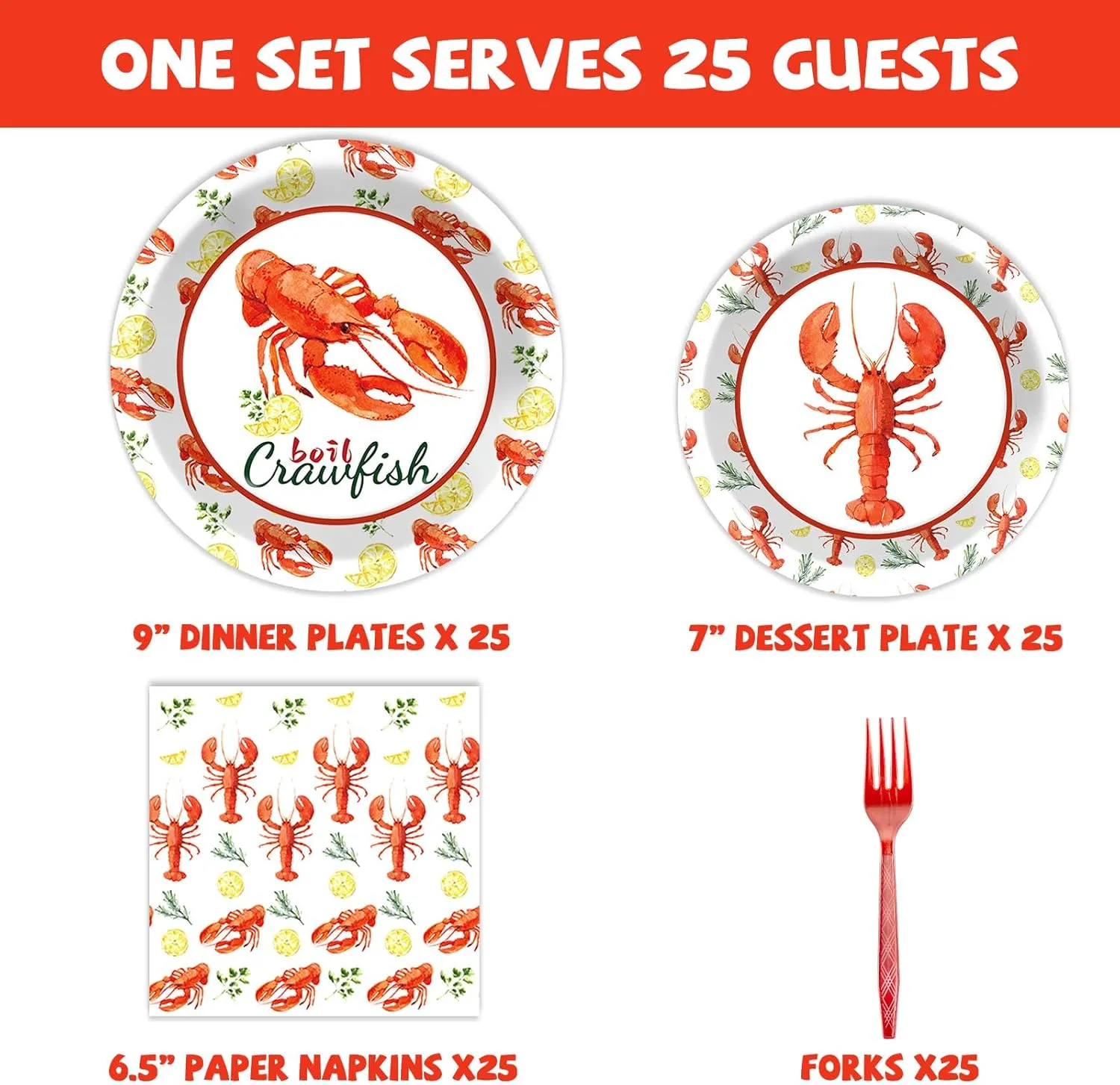 Qyeahkj 100PCS Crawfish Boil Party Supplies Serve 25 Crawfish Plates Napkins for Lobster Seafood Shrimp Boil Decorations Crawfish Crab Party Tableware Set for Birthday Baby Shower