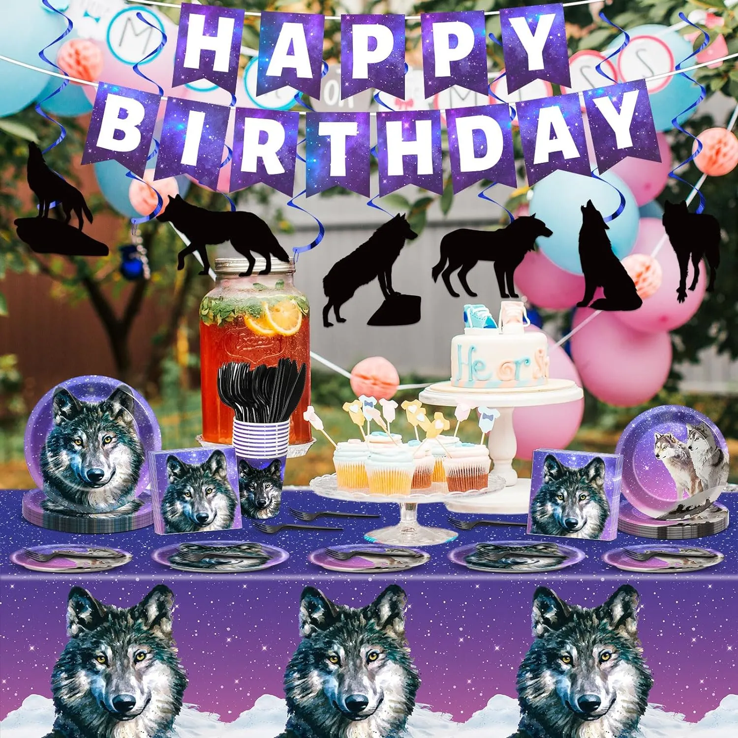 Qyeahkj 121pcs Wolf Party Supplies Set Includes Plates Napkins Cups Tablecloth Swirls Banner Tableware Kit Dispose Animal Wolf Party Decorations Favors, Serve 16