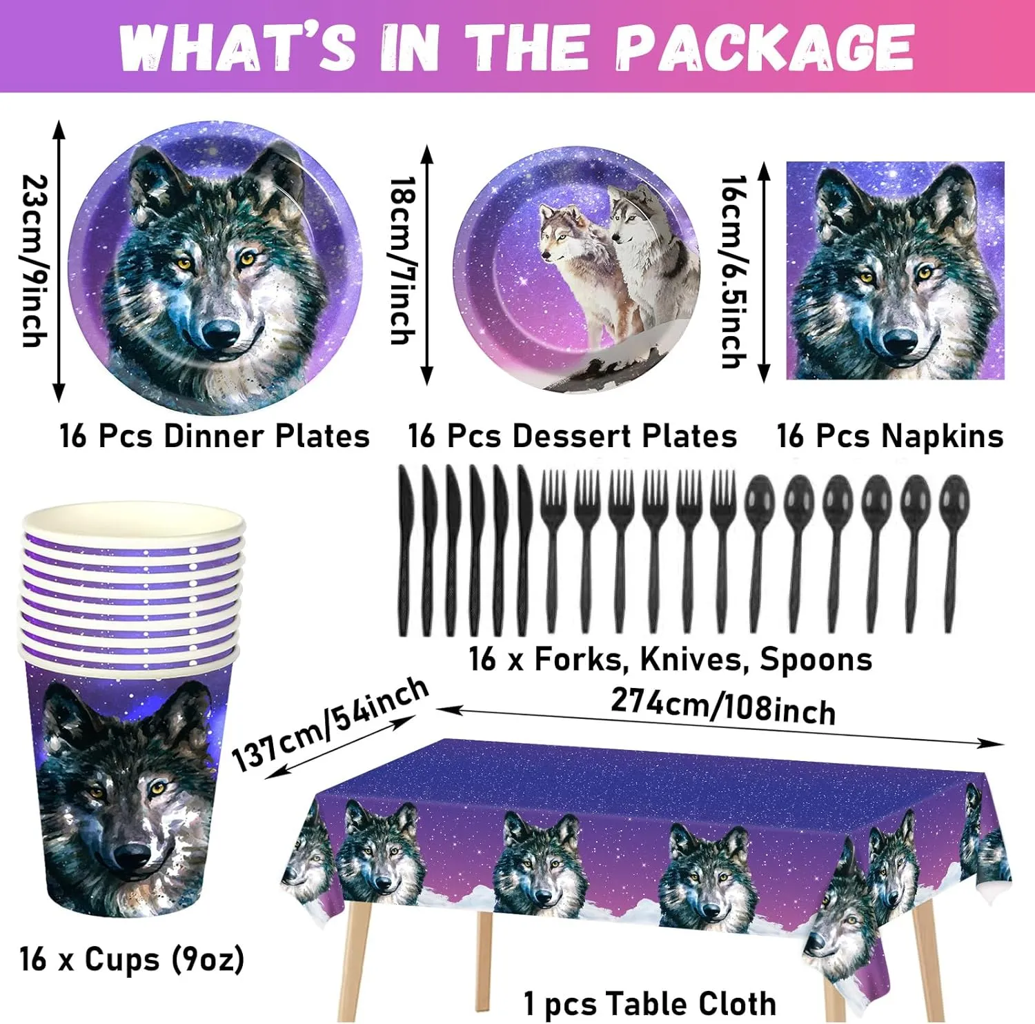 Qyeahkj 121pcs Wolf Party Supplies Set Includes Plates Napkins Cups Tablecloth Swirls Banner Tableware Kit Dispose Animal Wolf Party Decorations Favors, Serve 16