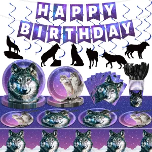 Qyeahkj 121pcs Wolf Party Supplies Set Includes Plates Napkins Cups Tablecloth Swirls Banner Tableware Kit Dispose Animal Wolf Party Decorations Favors, Serve 16