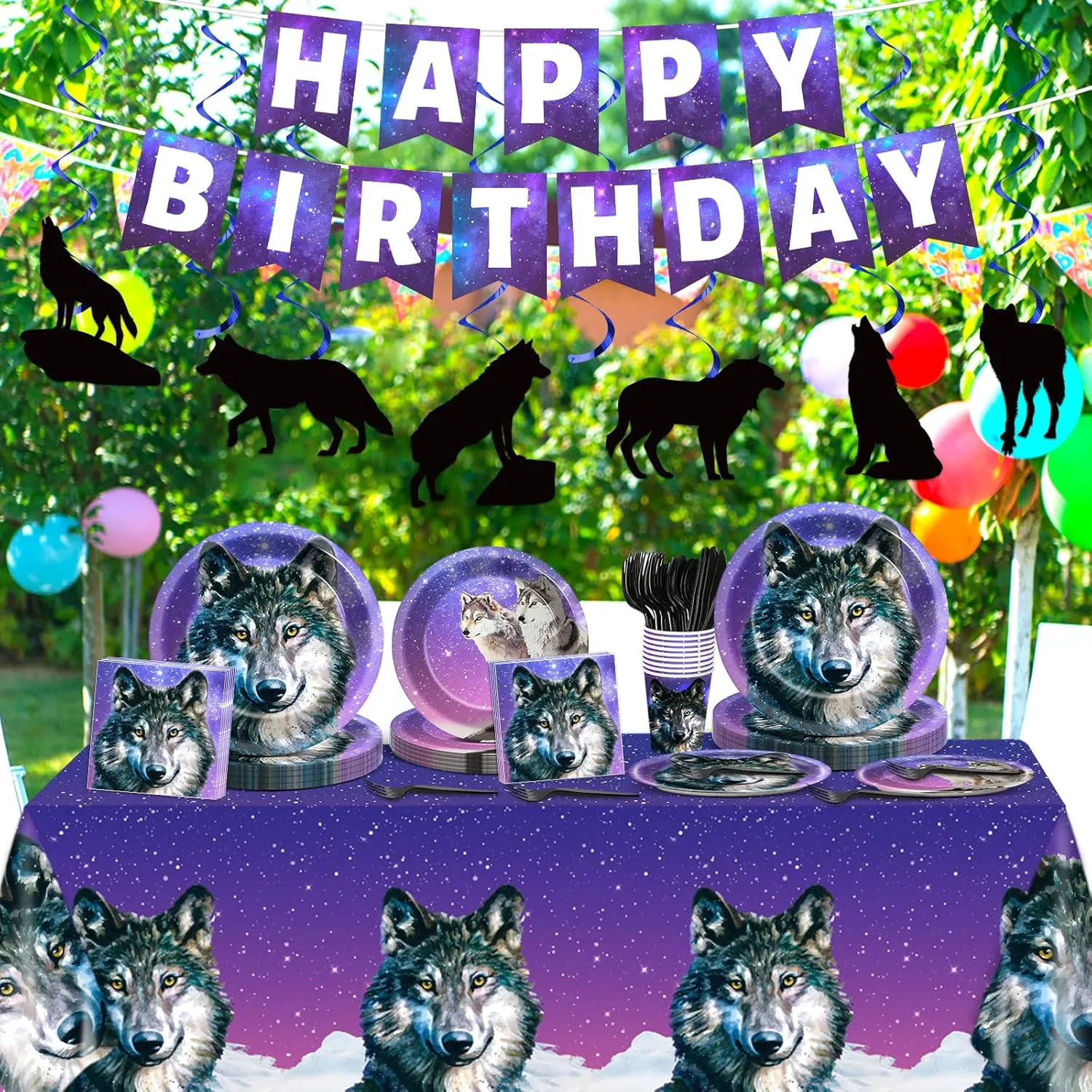 Qyeahkj 121pcs Wolf Party Supplies Set Includes Plates Napkins Cups Tablecloth Swirls Banner Tableware Kit Dispose Animal Wolf Party Decorations Favors, Serve 16