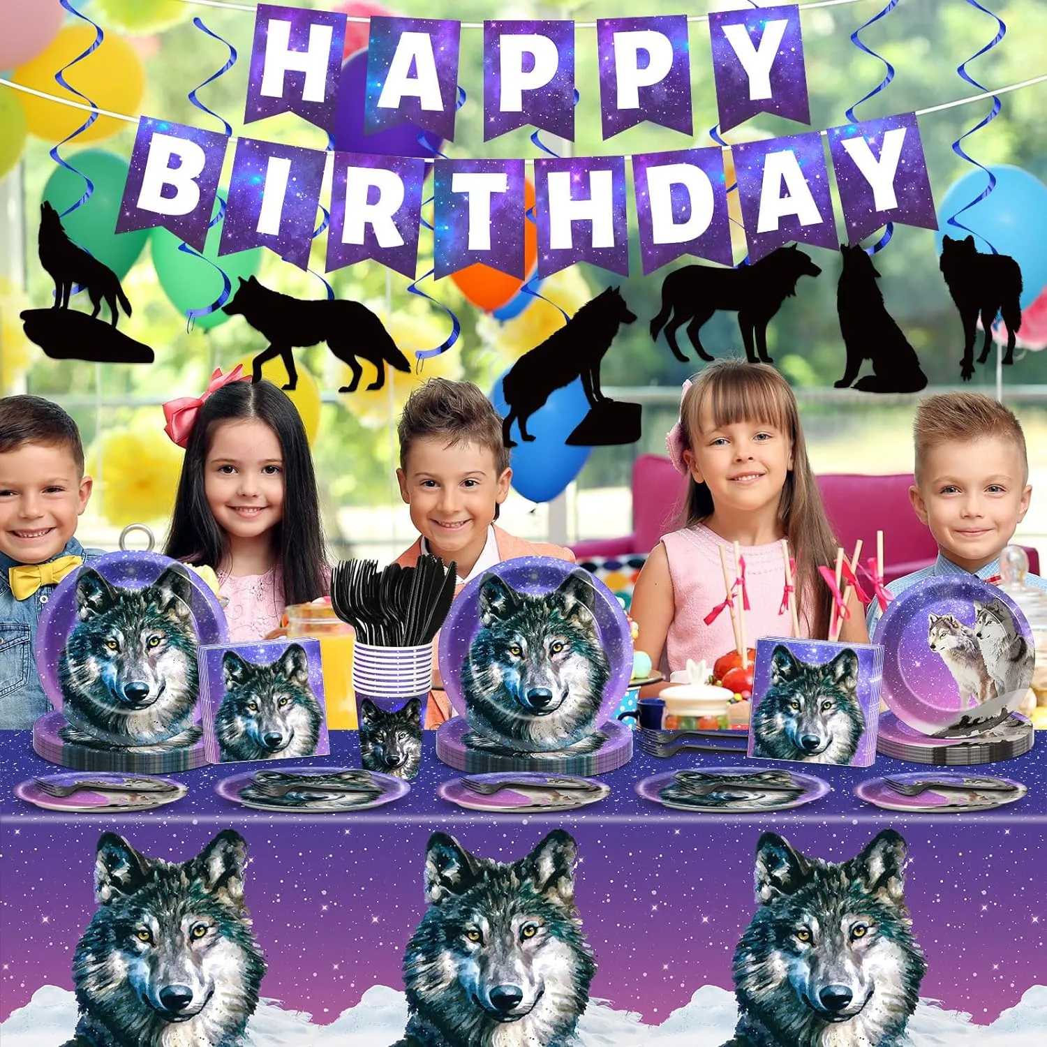 Qyeahkj 121pcs Wolf Party Supplies Set Includes Plates Napkins Cups Tablecloth Swirls Banner Tableware Kit Dispose Animal Wolf Party Decorations Favors, Serve 16