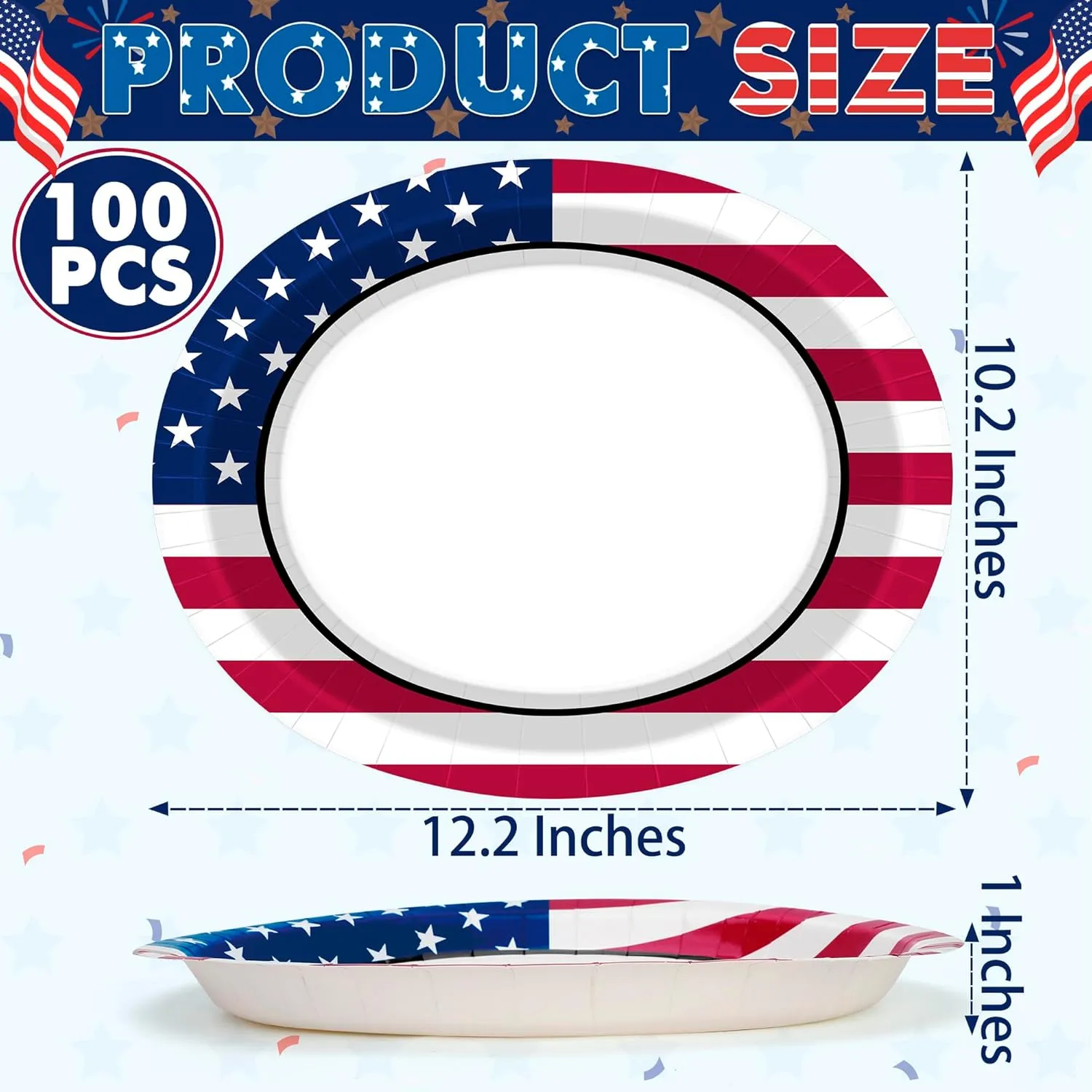 QZYL 100 Count Disposable Plates, 12.2 x 10.2 Inches Oval 4th of July Plates, Independence Day Party Supplies, Heavy Duty Paper Plates for Memorial Day Picnic All Occasion Dinner Party Tableware Bulk