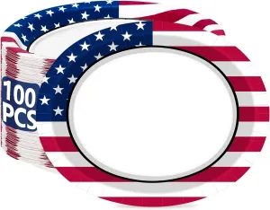 QZYL 100 Count Disposable Plates, 12.2 x 10.2 Inches Oval 4th of July Plates, Independence Day Party Supplies, Heavy Duty Paper Plates for Memorial Day Picnic All Occasion Dinner Party Tableware Bulk