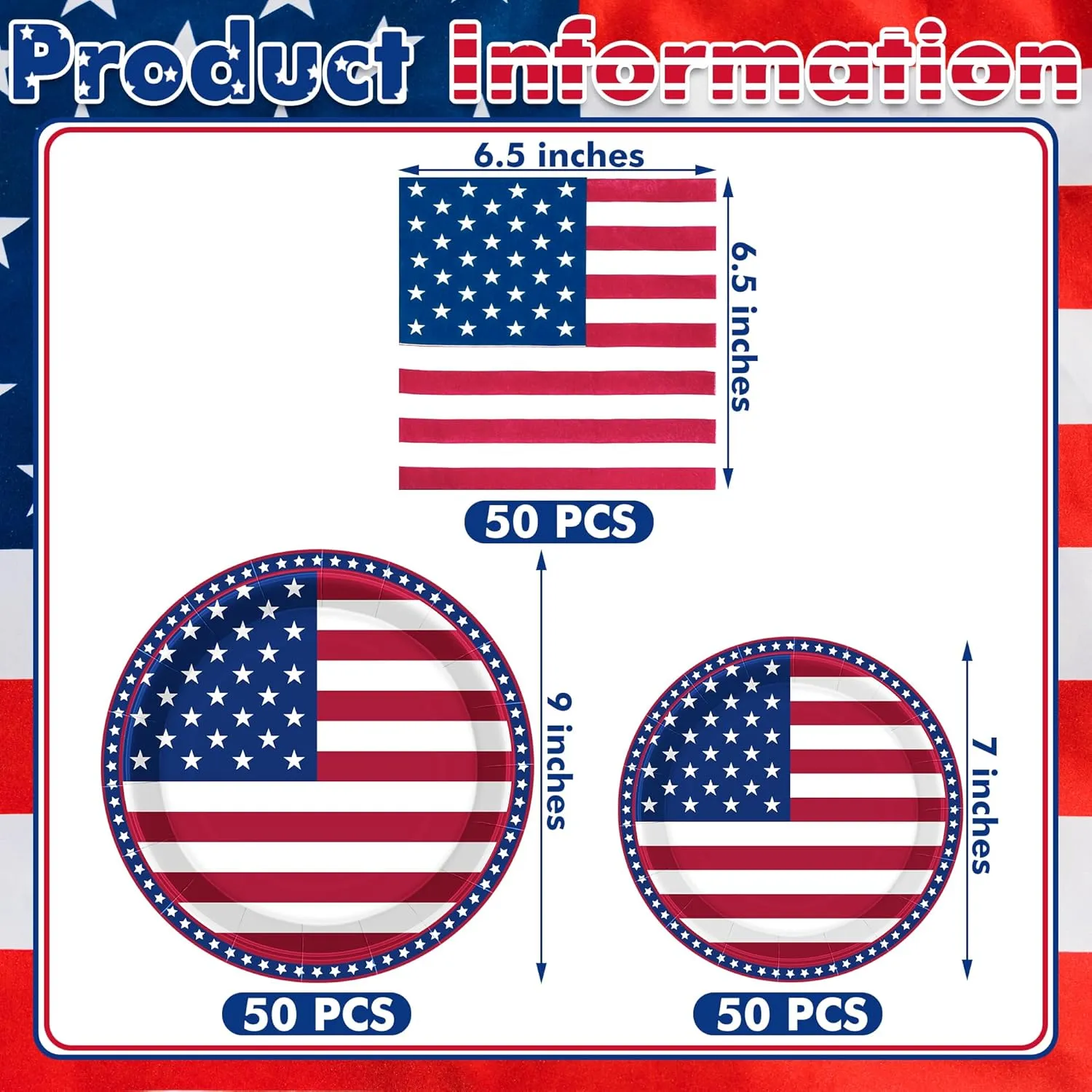 QZYL 150 Pcs 4th of July Party Supplies, Serve 50 Patriotic American Flag Party Tableware Set Paper Plates and Napkins, Fourth of July Decorations for Independence Day Patriotic BBQs Picnic Events