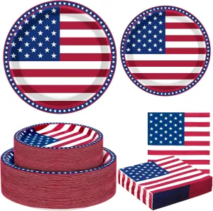 QZYL 150 Pcs 4th of July Party Supplies, Serve 50 Patriotic American Flag Party Tableware Set Paper Plates and Napkins, Fourth of July Decorations for Independence Day Patriotic BBQs Picnic Events