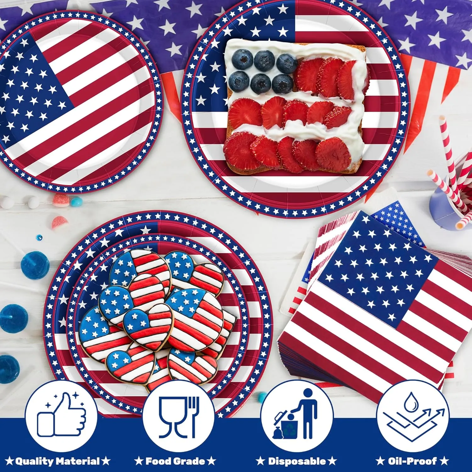 QZYL 150 Pcs 4th of July Party Supplies, Serve 50 Patriotic American Flag Party Tableware Set Paper Plates and Napkins, Fourth of July Decorations for Independence Day Patriotic BBQs Picnic Events