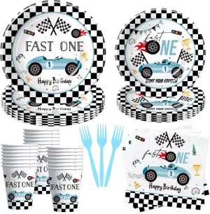 Race Car 1st Birthday Party Supplies - Fast One Plates And Napkins Decorations Boys Tableware, Plate, Cup, Napkin, Fork, Blue Race Car One-Year-Old Decorations | Serve 24