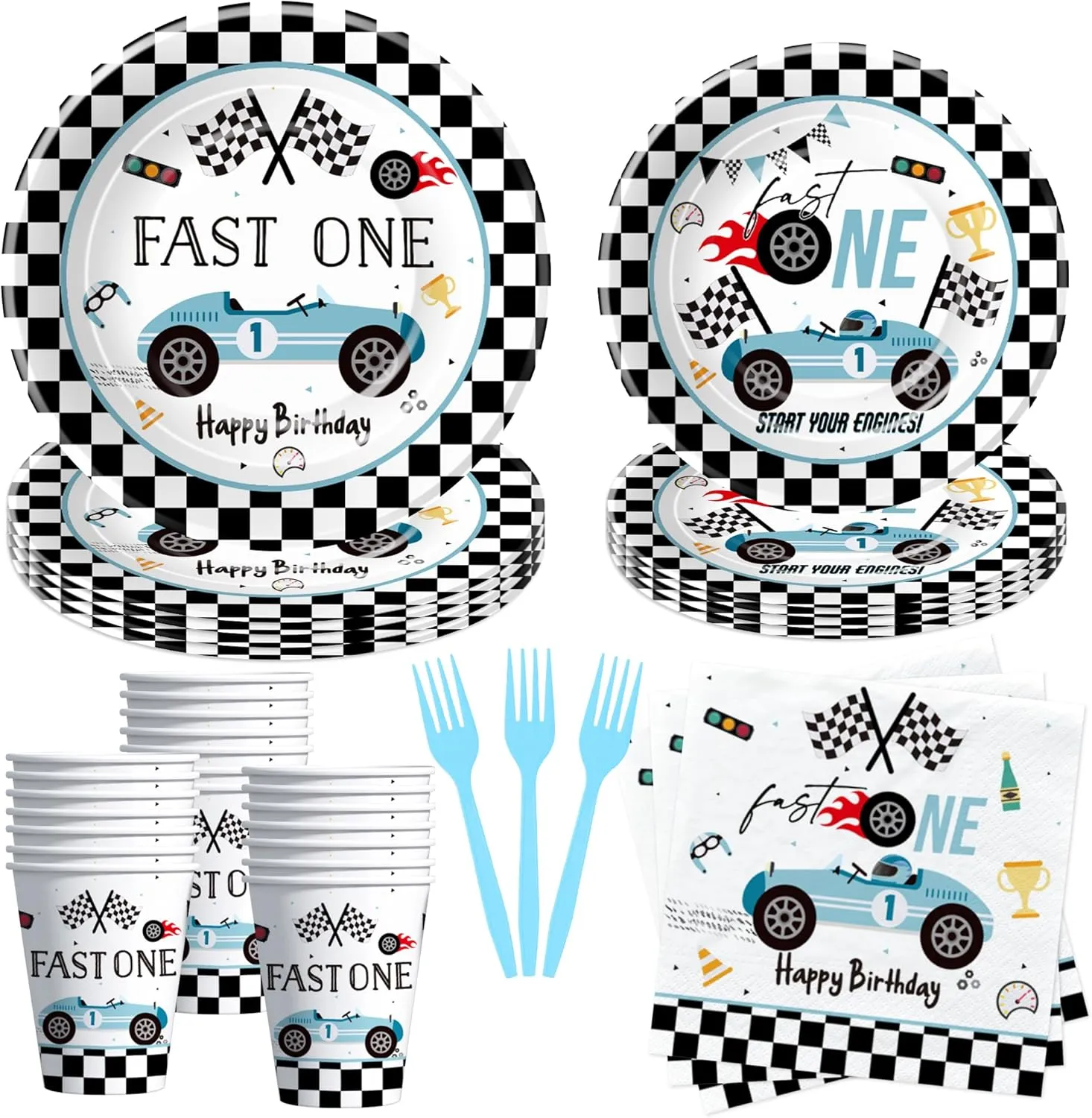 Race Car 1st Birthday Party Supplies - Fast One Plates And Napkins Decorations Boys Tableware, Plate, Cup, Napkin, Fork, Blue Race Car One-Year-Old Decorations | Serve 24