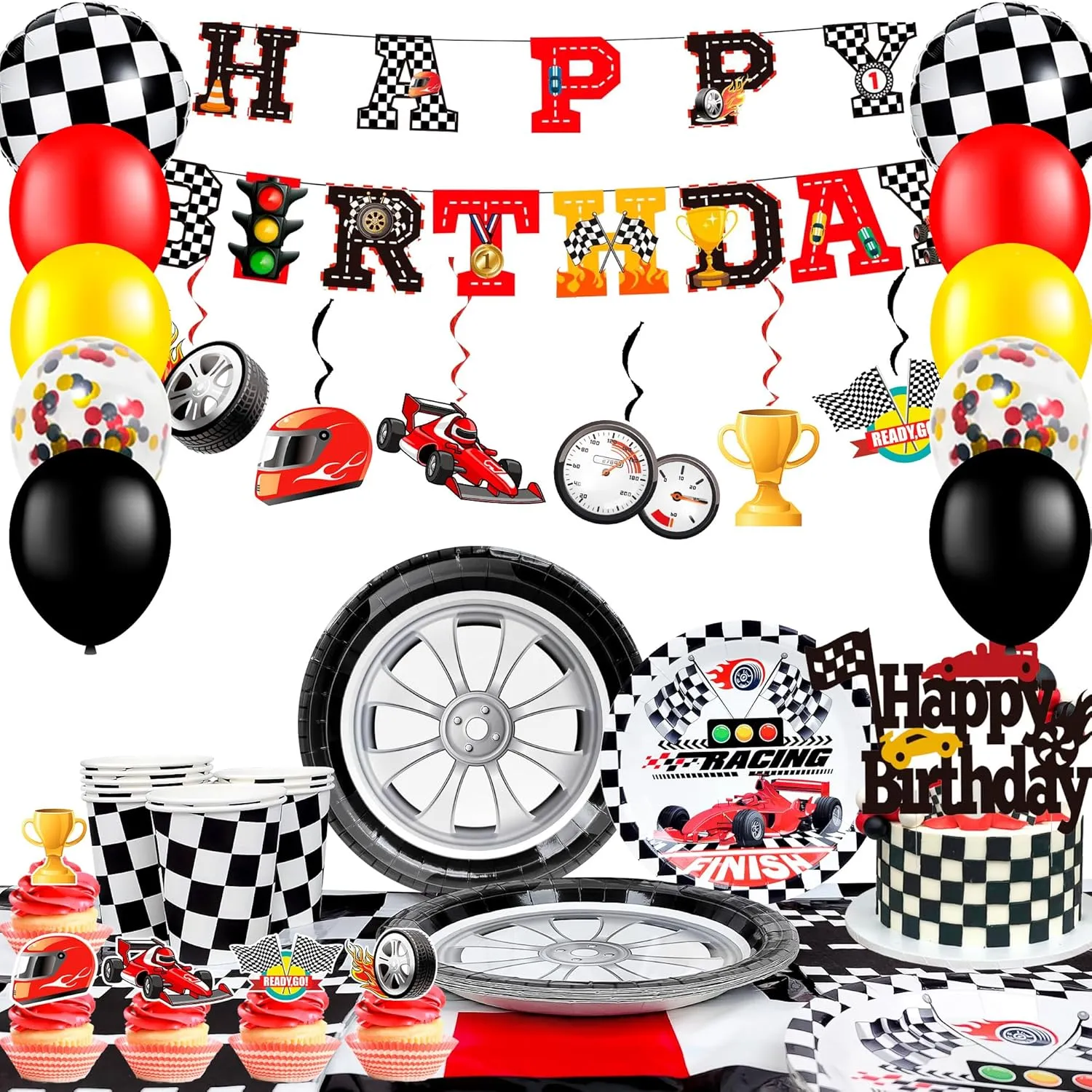 Race Car Birthday Decorations, Race Car Birthday Party Decorations&Race Car Birthday Party Tableware Set - Race Car Birthday Plates Napkins Balloons Hanging Swirl etc Racing Car Party Supplies