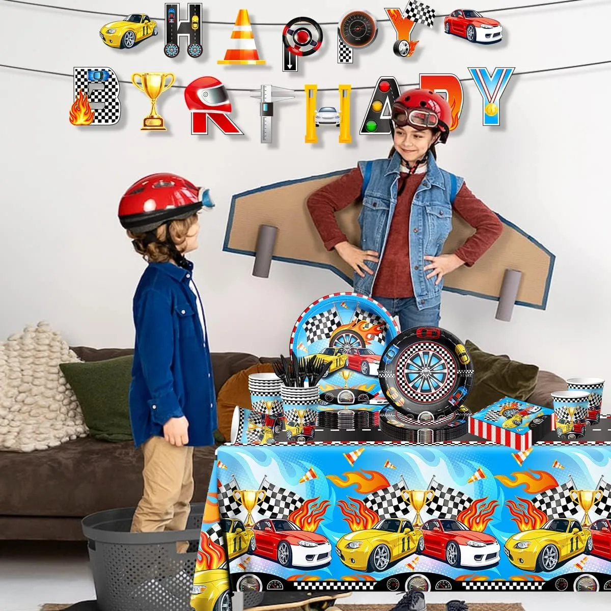 Race Car Birthday Party Supplies-142Pcs Racing Themed Plates and Napkins Set Boys Birthday Checkered Flag Two Fast Race Car Tableware Black Racetrack Race Car Decorations