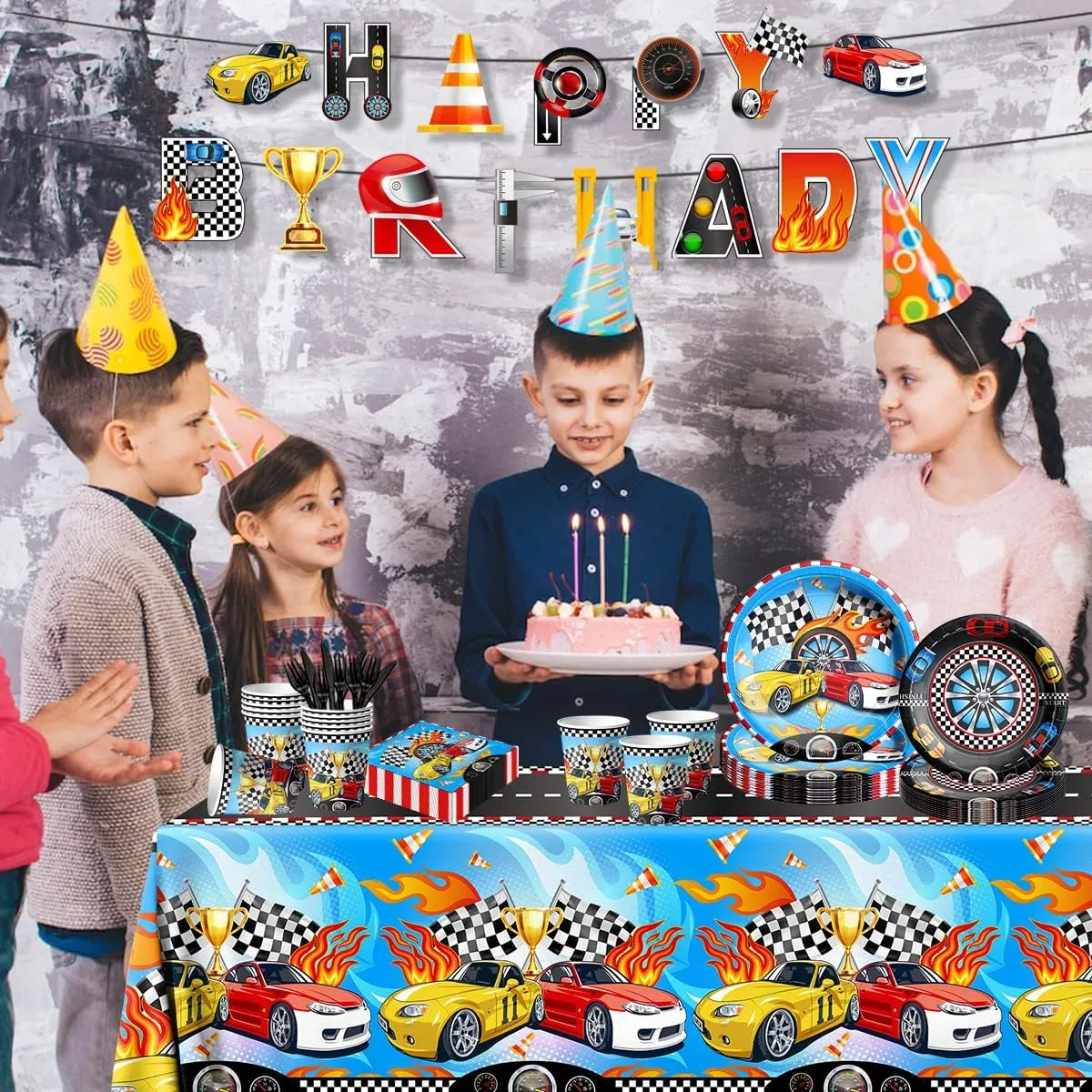 Race Car Birthday Party Supplies-142Pcs Racing Themed Plates and Napkins Set Boys Birthday Checkered Flag Two Fast Race Car Tableware Black Racetrack Race Car Decorations