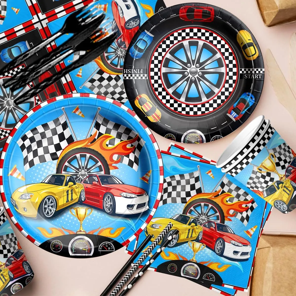 Race Car Birthday Party Supplies-142Pcs Racing Themed Plates and Napkins Set Boys Birthday Checkered Flag Two Fast Race Car Tableware Black Racetrack Race Car Decorations