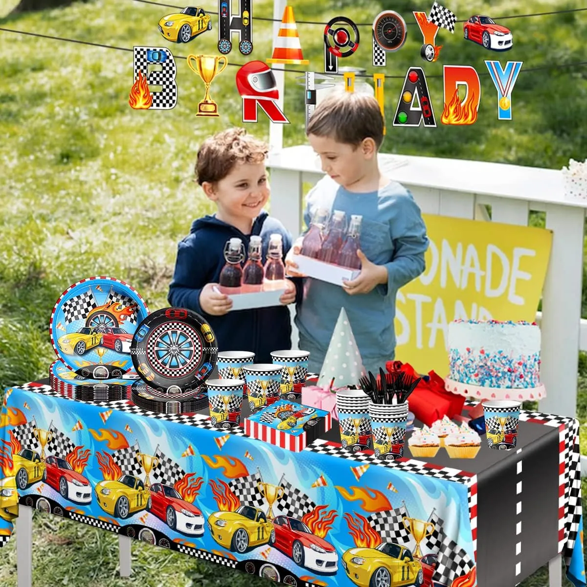 Race Car Birthday Party Supplies-142Pcs Racing Themed Plates and Napkins Set Boys Birthday Checkered Flag Two Fast Race Car Tableware Black Racetrack Race Car Decorations