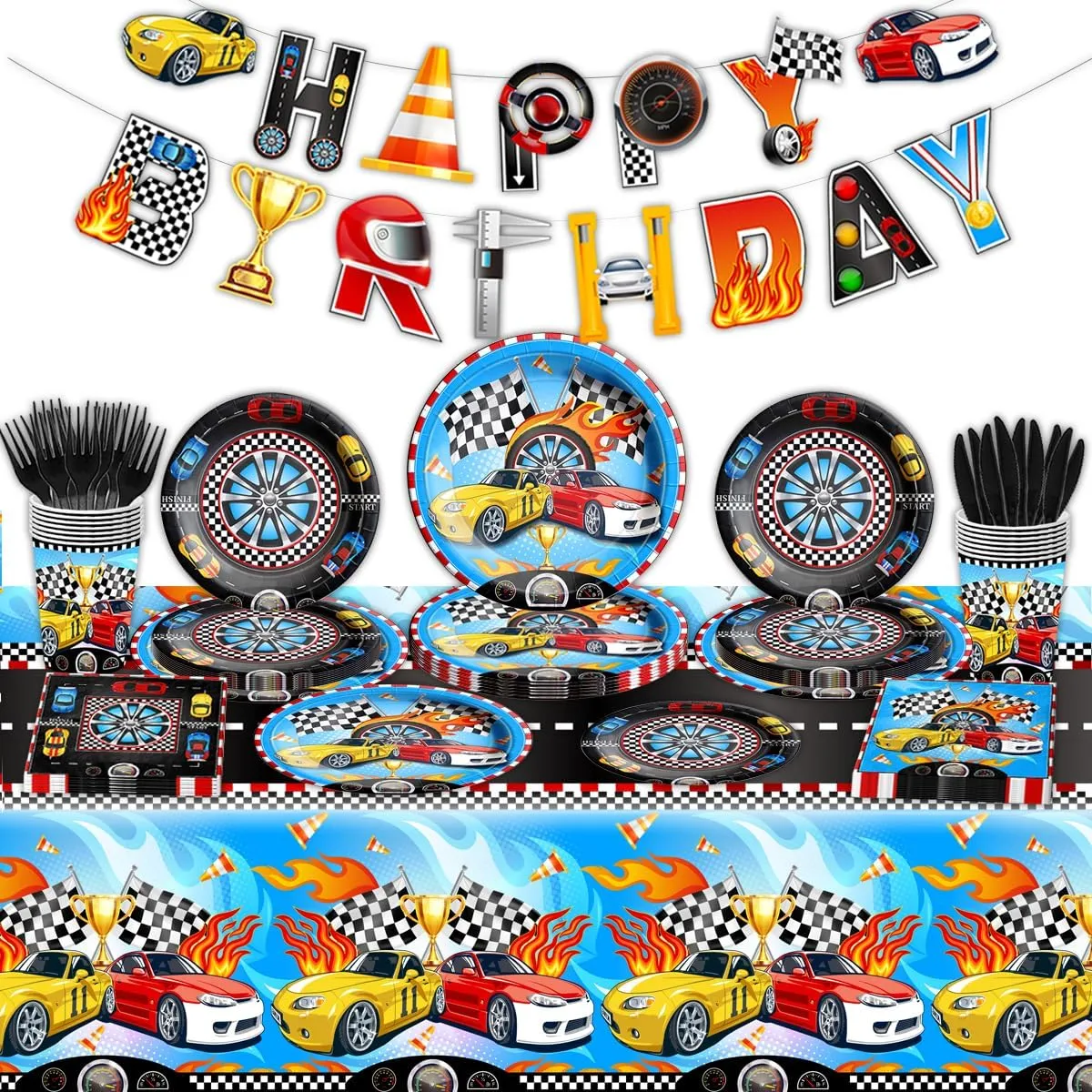 Race Car Birthday Party Supplies-142Pcs Racing Themed Plates and Napkins Set Boys Birthday Checkered Flag Two Fast Race Car Tableware Black Racetrack Race Car Decorations