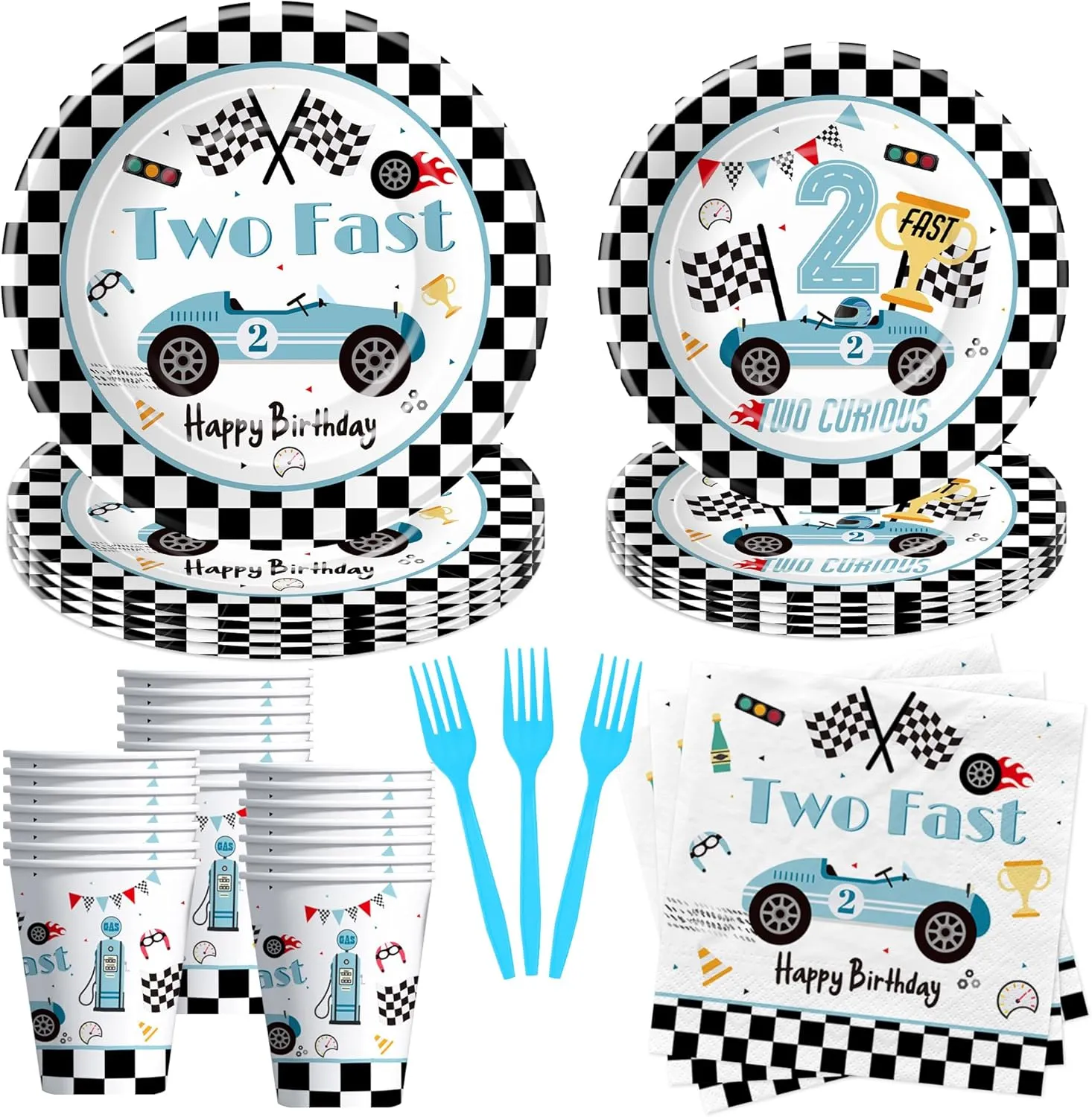 Race Car Two Fast Party Tableware - Racing Car 2nd Birthday Supplies, Paper Plate, Cup, Napkin, Fork, Blue 2 Fast 2 Curious Decorations | Serve 24