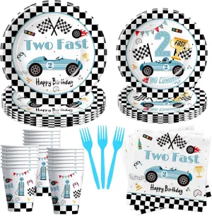 Race Car Two Fast Party Tableware - Racing Car 2nd Birthday Supplies, Paper Plate, Cup, Napkin, Fork, Blue 2 Fast 2 Curious Decorations | Serve 24