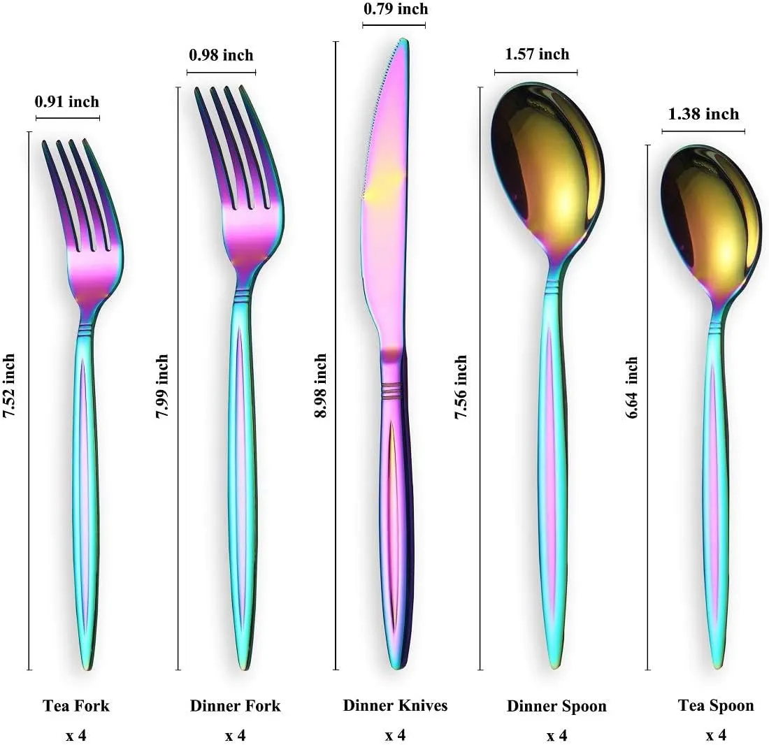 Rainbow Flatware Set 20 Pieces, Stainless Steel Colorful Silverware Set, Titanium Plating Rainbow Cutlery Set, Rainbow Utensil Sets Service Set for 4 (Shiny Rainbow)