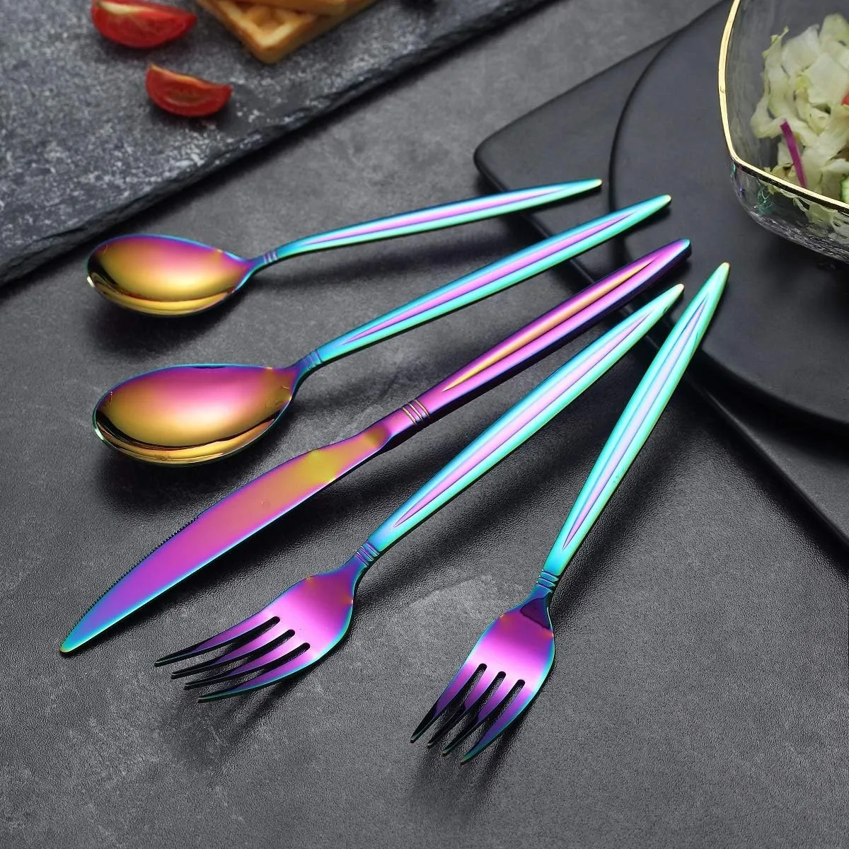 Rainbow Flatware Set 20 Pieces, Stainless Steel Colorful Silverware Set, Titanium Plating Rainbow Cutlery Set, Rainbow Utensil Sets Service Set for 4 (Shiny Rainbow)