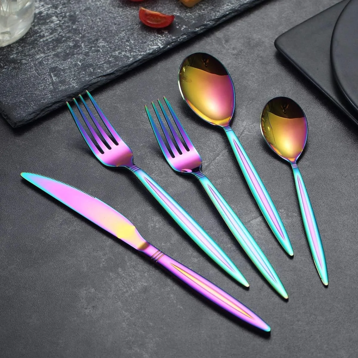 Rainbow Flatware Set 20 Pieces, Stainless Steel Colorful Silverware Set, Titanium Plating Rainbow Cutlery Set, Rainbow Utensil Sets Service Set for 4 (Shiny Rainbow)